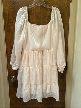 Baltic Born Shimmery Ivory-Peach Tiered Puff Sleeve Dress